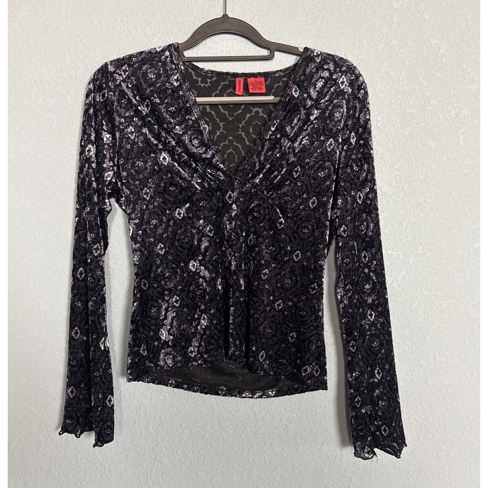 Friends Velvet Burnout Top Women's L Sheer V Neck Y2K Long Sleeve Purple